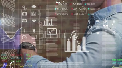 Poster - Interacting with digital financial data and graphs, businessman using animation in office