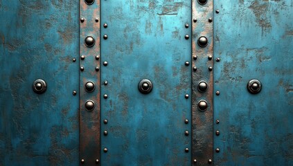 Poster - Textured Metallic Surface with Rusty Blue Finish and Industrial Rivets Featuring Distressed Patterns and Vintage Aesthetics for Design and Art Projects