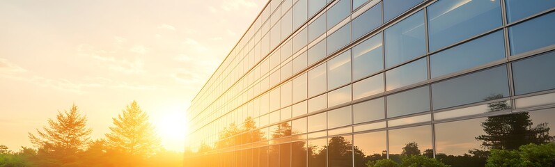 Poster - A large corporate building featuring a modern glass facade in a wide-angle view.