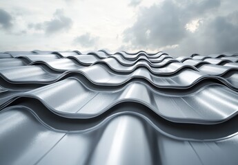 Poster - Textured Wavy Surface of Gray Metallic Roof Panels Under Overcast Sky with Soft Light Reflecting on Modern Architecture