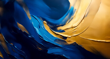 Poster - abstract art featuring dynamic blue and gold brushstrokes. textured paint creates flowing motion and
