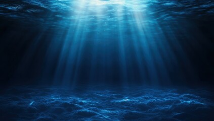 Poster - Tranquil Underwater Scene with Sunlight Rays Illuminating Deep Blue Ocean Floor and Gentle Waves in Serene Aquatic Environment