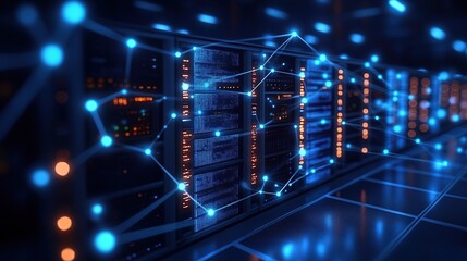 Poster - Server room network connections, data center, digital lines, futuristic technology