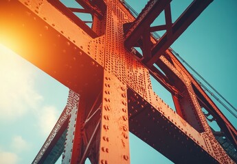Poster - Unique angle view of a large metal bridge structure showcasing rivets and beams against a bright blue sky with sunlight highlighting the rust color of the metal
