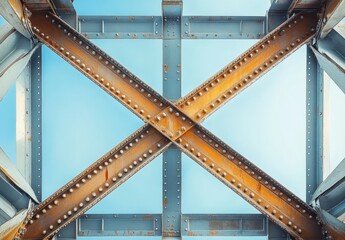 Poster - Underneath Metal Structure with Rusty Beams and Clear Blue Sky View, Architectural Detail with Industrial Aesthetic for Modern Design Elements