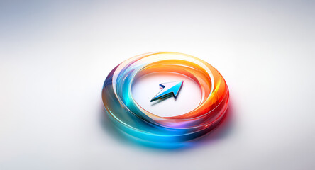 Aufkleber - a vibrant abstract circular shape with flowing orange and blue hues surrounds a central upward-point