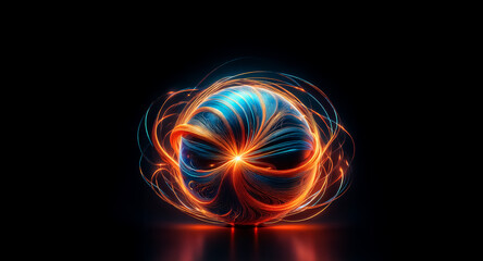 Poster - a vibrant glowing sphere with swirling orange and blue lines creates a dynamic abstract design again