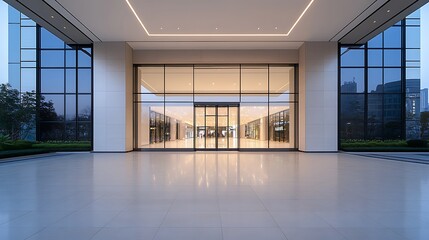 Aufkleber - Large entrance of a minimalist shopping mall featuring glass architecture.