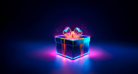Sticker - a luminous gift box with a ribbon, glowing with vibrant neon pink and blue lights, sits on a dark su