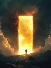 Aufkleber - Person stands in awe before a gigantic glowing portal in a mystical landscape illuminated by vivid colors and surrounded by cloud formations