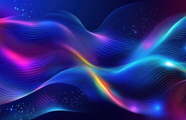 Poster - Vibrant Abstract Waves with Glowing Colors, Flowing Light Patterns in Deep Blue Background for Modern Art and Technology Themes