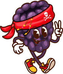 Fototapete - Cartoon groovy berry pirate or corsair character, vector comic blackberry. Groovy berry pirate or blackberry Caribbean corsair with sailor bandana and Jolly Roger skull crossbones with hippie gesture