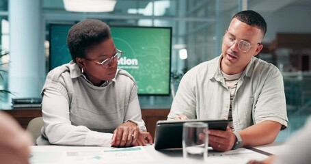Poster - Research, planning and tablet with business people in meeting for teamwork, workshop and company report. Digital app, project management and innovation with employees for feedback, advice and review