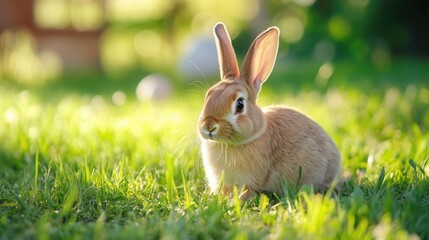Aufkleber - Cute brown rabbit sitting on green grass during the Easter holiday celebration in a sunny garden filled with festive decorations