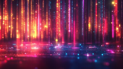Poster - Colorful digital rain, glowing particles stage, futuristic background