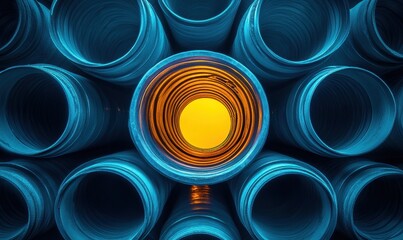 Poster - Vibrant Circular Pattern of Abstract Blue and Orange Tubes Showcasing Depth and Dimension in a Modern Graphic Design Aesthetic