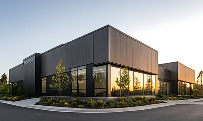 Aufkleber - Low-rise commercial building featuring metal panels in a modern design.
