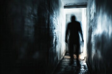 Fototapete - Shadows blend into darkness as figures loom in a haunting corridor radiating fear and uncertainty Generative AI