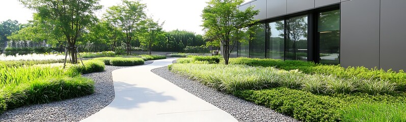 Aufkleber - A modern low-rise corporate office building set amidst landscaped surroundings.