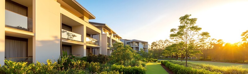 Poster - Luxury apartment complex featuring balconies and lush greenery in a modern setting.