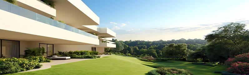 Poster - Luxury apartment complex featuring balconies and greenery, perfect for modern living or real estate visuals.