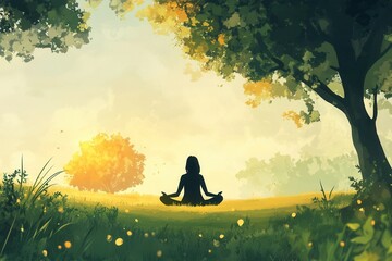 Poster - Meditating person in serene natural setting with soft light during early morning hours