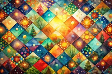 Poster - Bokeh Effect on Watercolor Geometric Patchwork Art: Abstract Background Texture