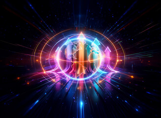 Poster - radiant abstract design with double exposure effect. luminous circles and arrow shapes create a futu