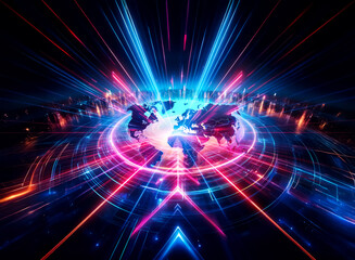 Poster - Abstract double exposure of a glowing world map surrounded by vibrant neon lines. Futuristic and dynamic scene with radiating light trails.