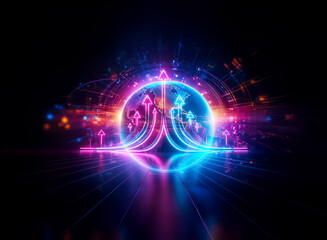 Poster - abstract double exposure art with a vibrant neon orb emitting glowing arrows upward against a dark b