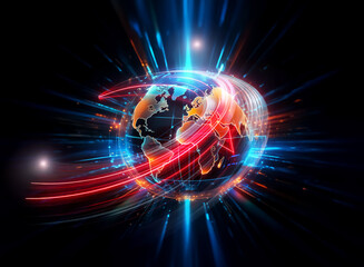 Aufkleber - Double exposure art showcases a vibrant globe encircled by dynamic streaks of light on a dark background, creating a futuristic global network visualization.