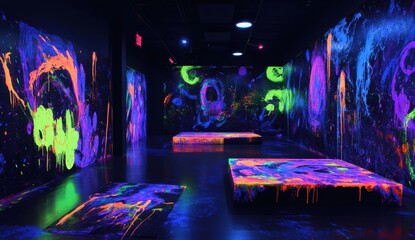Poster - Vibrant Neon Art Installation with Abstract Paintings and Glow-in-the-Dark Effects in an Enclosed Gallery Space