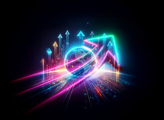 Wall Mural - vibrant neon arrows and a glowing globe are in double exposure against a stark black backdrop. color