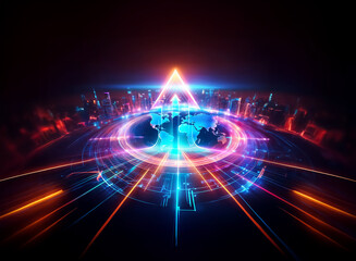 Poster - futuristic double exposure of a world map with a city skyline, illuminated by vibrant neon lights, c