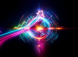 Poster - vibrant double exposure of a glowing globe overlaid with a bright upward arrow and circular lines ag