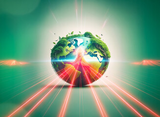 Poster - a vibrant globe of earth, showcasing green lands and blue oceans, is rendered with a double exposure
