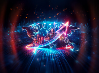 Poster - neon double exposure world map with a vibrant upward arrow, showcasing global connectivity and growt