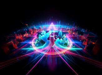 Poster - vibrant double exposure of a world map in bright neon colors. lines radiate outward, creating a futu