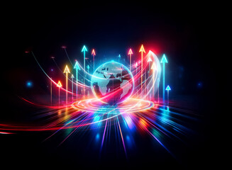 Poster - vibrant double exposure art featuring a glowing globe surrounded by bright, upward arrows and colorf