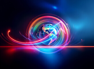 Wall Mural - abstract double exposure creates a dynamic globe encircled by vibrant light trails against a dark ba