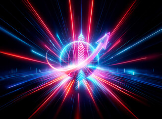 Poster - abstract double exposure image of a glowing sphere with an arrow circling upwards, surrounded by vib