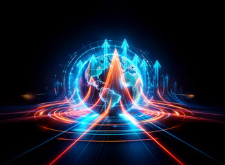 Poster - vibrant double exposure of a glowing globe with dynamic blue and orange arrows flowing upward and ou