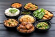 © Downloads - Assortment of Authentic Asian Culinary Delights Presented on Wooden Tabletop with Elevated Perspective and Soft Focus