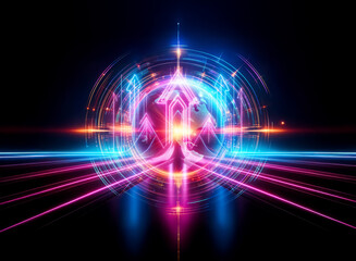 Aufkleber - vibrant double exposure abstract art. blue and pink lines converge to a central light burst, creatin