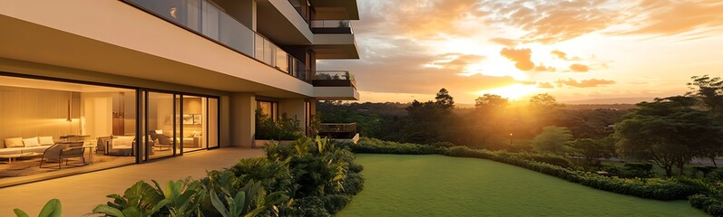 Poster - Modern building with large windows overlooking a sunset and lush green landscape.