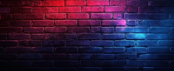 Poster - Vibrant Neon Light Reflection on Texture Surface of an Urban Brick Wall in Shades of Red and Blue Ideal for Backgrounds or Artistic Projects