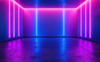 Poster - Vibrant Neon Lighting in Empty Modern Room with Glowing Blue and Pink Bars Illuminating Wall and Floor Creating Lively Atmosphere for Creative Spaces