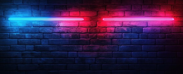 Poster - Vibrant Neon Lights Against Dark Brick Wall Creating Dynamic Atmosphere for Modern Urban Environment