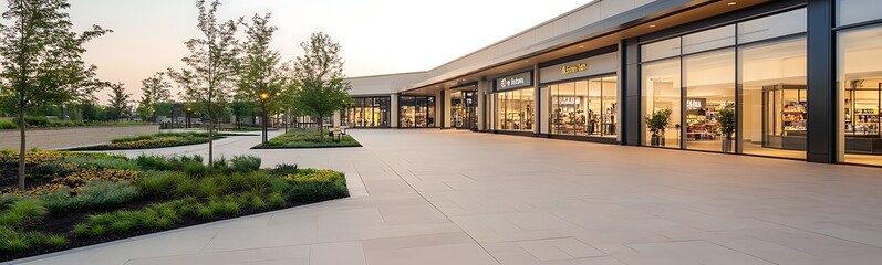 Aufkleber - Modern commercial building with large windows, landscaped areas, and a clean paved path in the foreground.
