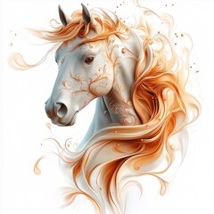  Whimsical White Horse with Orange Mane - Mystical Fantasy Animal Illustration